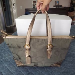 Military green COACH purse w/gold leather accents